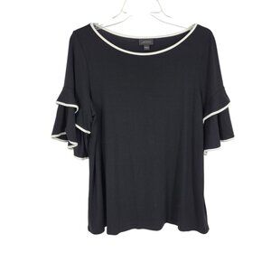 J.Jill Wearever Black Ruffle Sleeve Top Contrast Trim Stretch Soft Blouse Med